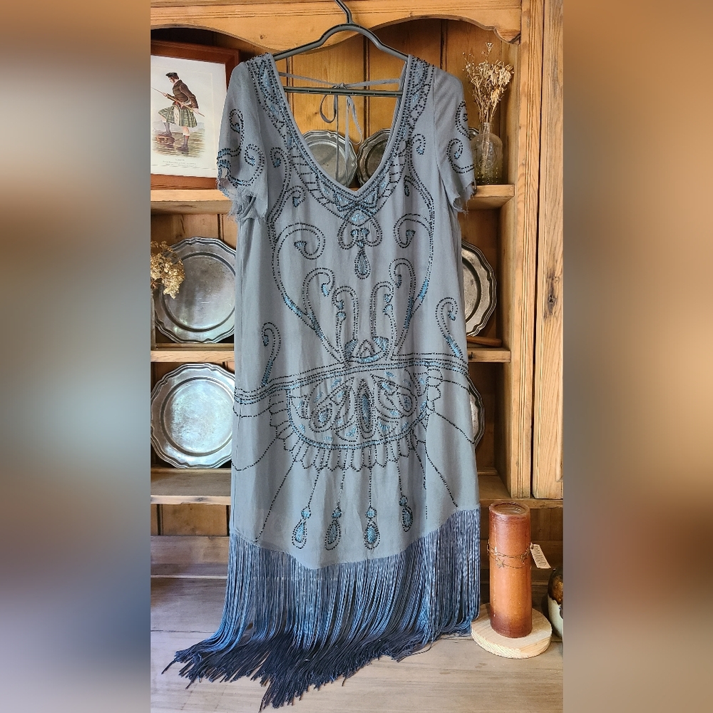 Free People Livin the Fringe Life Celestial Fringe Flapper Beaded Boho Dress